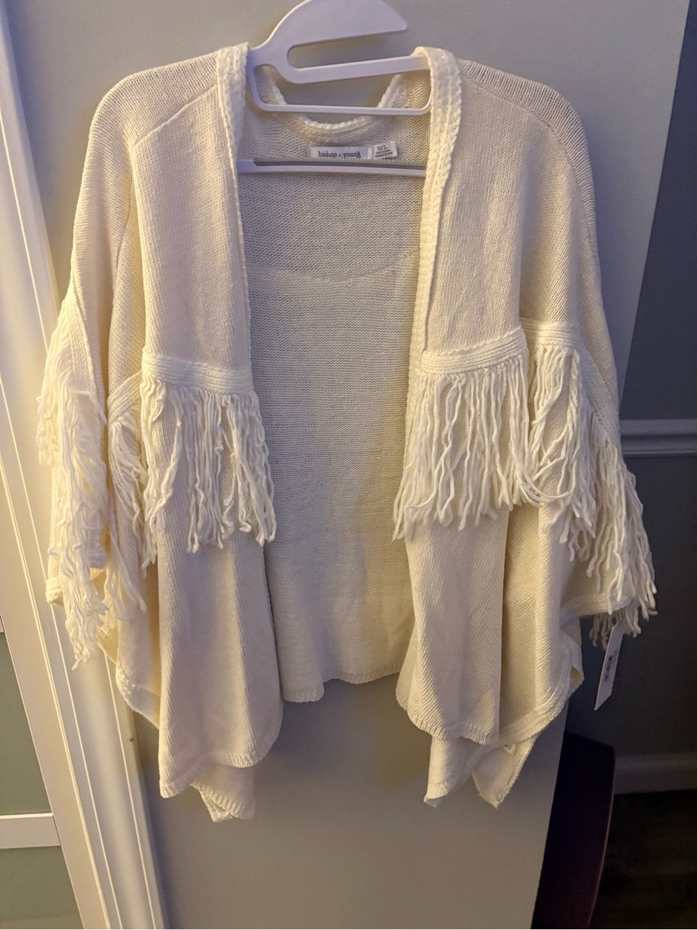 bishop + young Cream Fringe Open-Front Poncho Cardigan